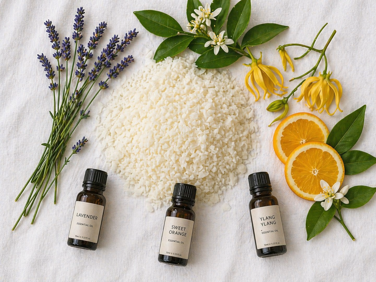 Essential oil bottles with lavender, oranges, and flowers on a white background